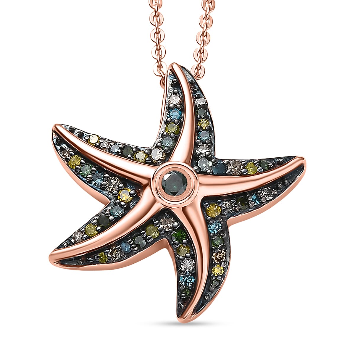 GP Sea life Collection- Blue Diamond, Green Diamond, Yellow Diamond and Champagne Diamond Star Fish Pendant with Chain (Size 20) in 18K Vermeil Rose Gold Sterling Silver 0.35 Ct. 4394620 0