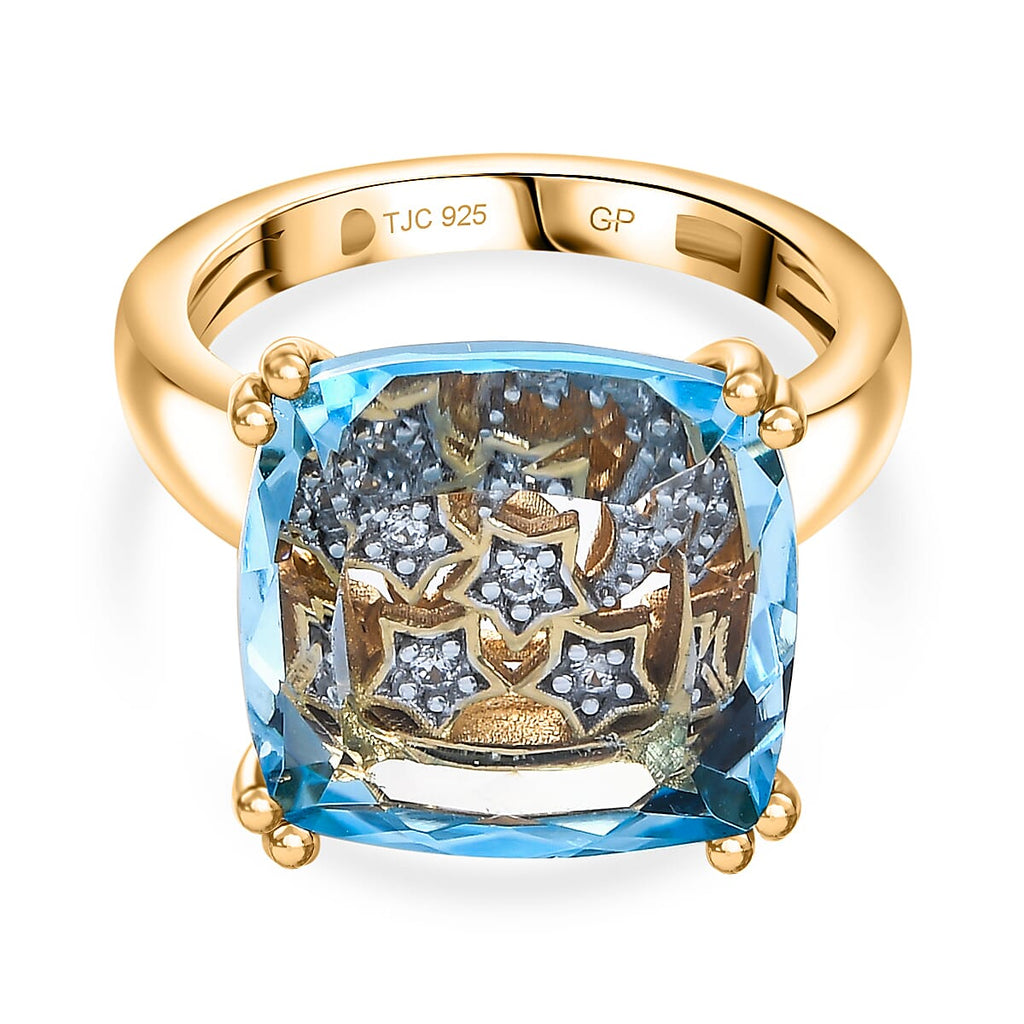 GP Celestial Collection Skyblue Topaz, Blue Sapphire & White Zircon  Ring in 18K Vermeil Yellow Gold Plated Sterling Silver 8.91 Ct.