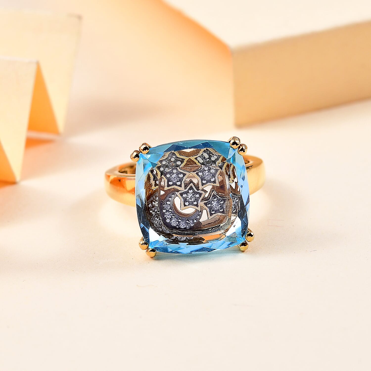 GP Celestial Collection Skyblue Topaz, Blue Sapphire &amp; White Zircon  Ring in 18K Vermeil Yellow Gold Plated Sterling Silver 8.91 Ct. 7971429 1