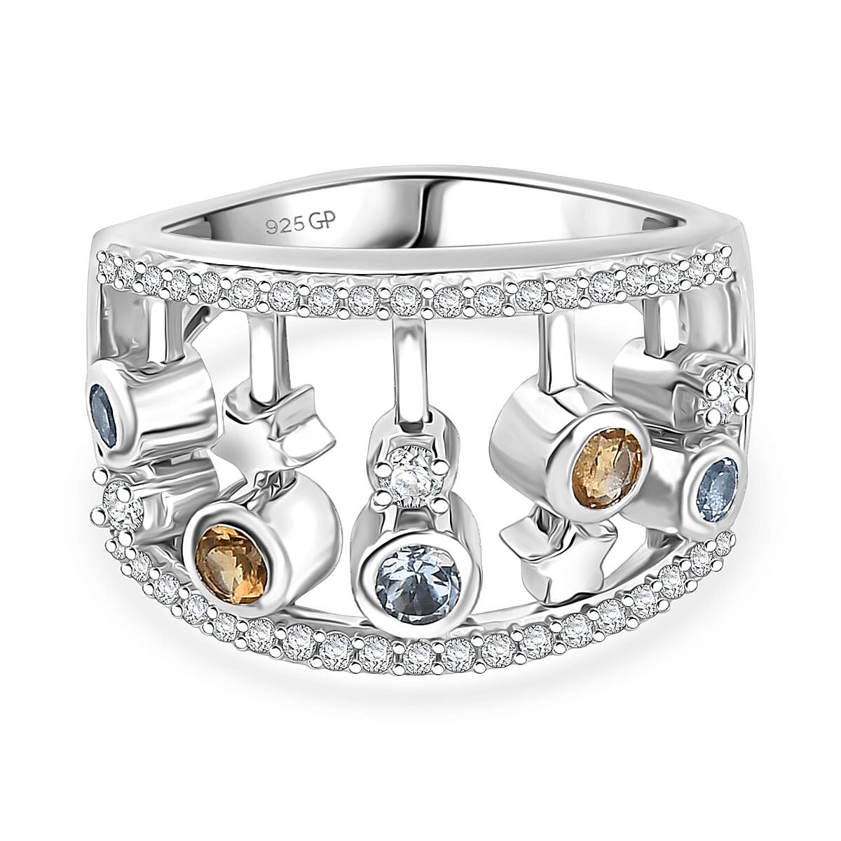 GP - Celestial Dream Collection Skyblue Topaz, Blue Sapphire &amp; White Zircon Ring in Rhodium Overlay Sterling Silver 1.13 Ct, Silver Wt. 5.88 Gms. 8310287 0