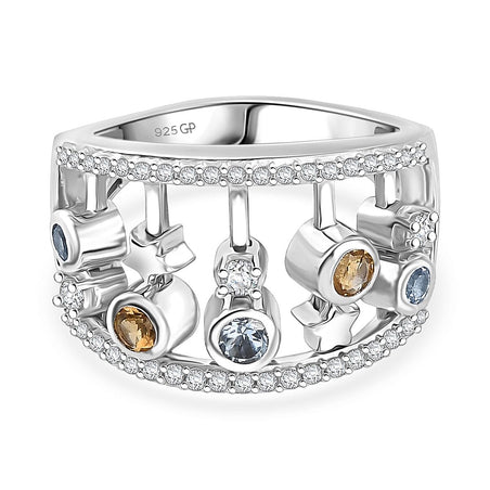 GP - Celestial Dream Collection Skyblue Topaz, Blue Sapphire &amp; White Zircon Ring in Rhodium Overlay Sterling Silver 1.13 Ct, Silver Wt. 5.88 Gms. 8310287 1