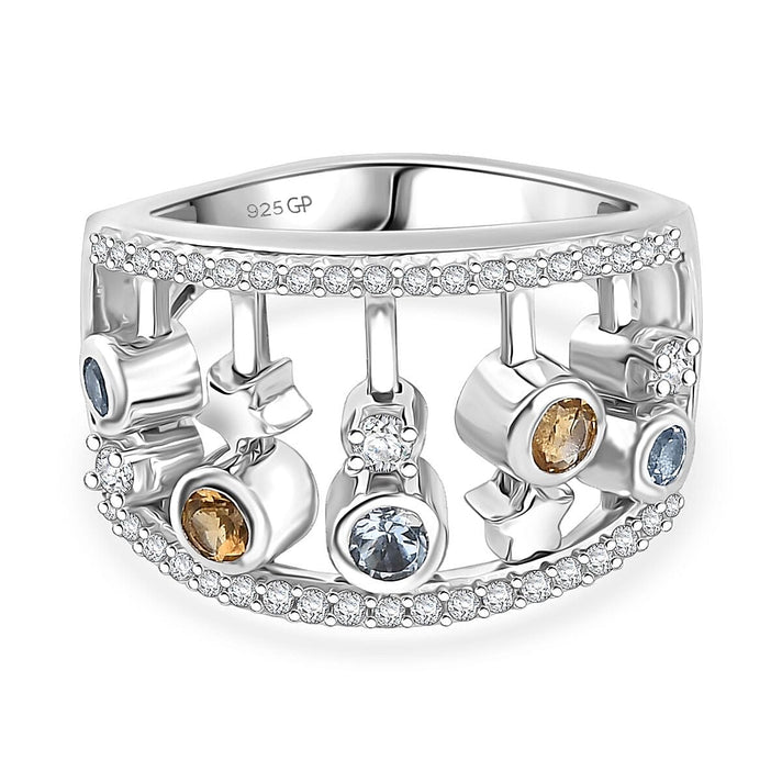 GP - Celestial Dream Collection Skyblue Topaz, Blue Sapphire &amp; White Zircon Ring in Rhodium Overlay Sterling Silver 1.13 Ct, Silver Wt. 5.88 Gms. 8310287 1