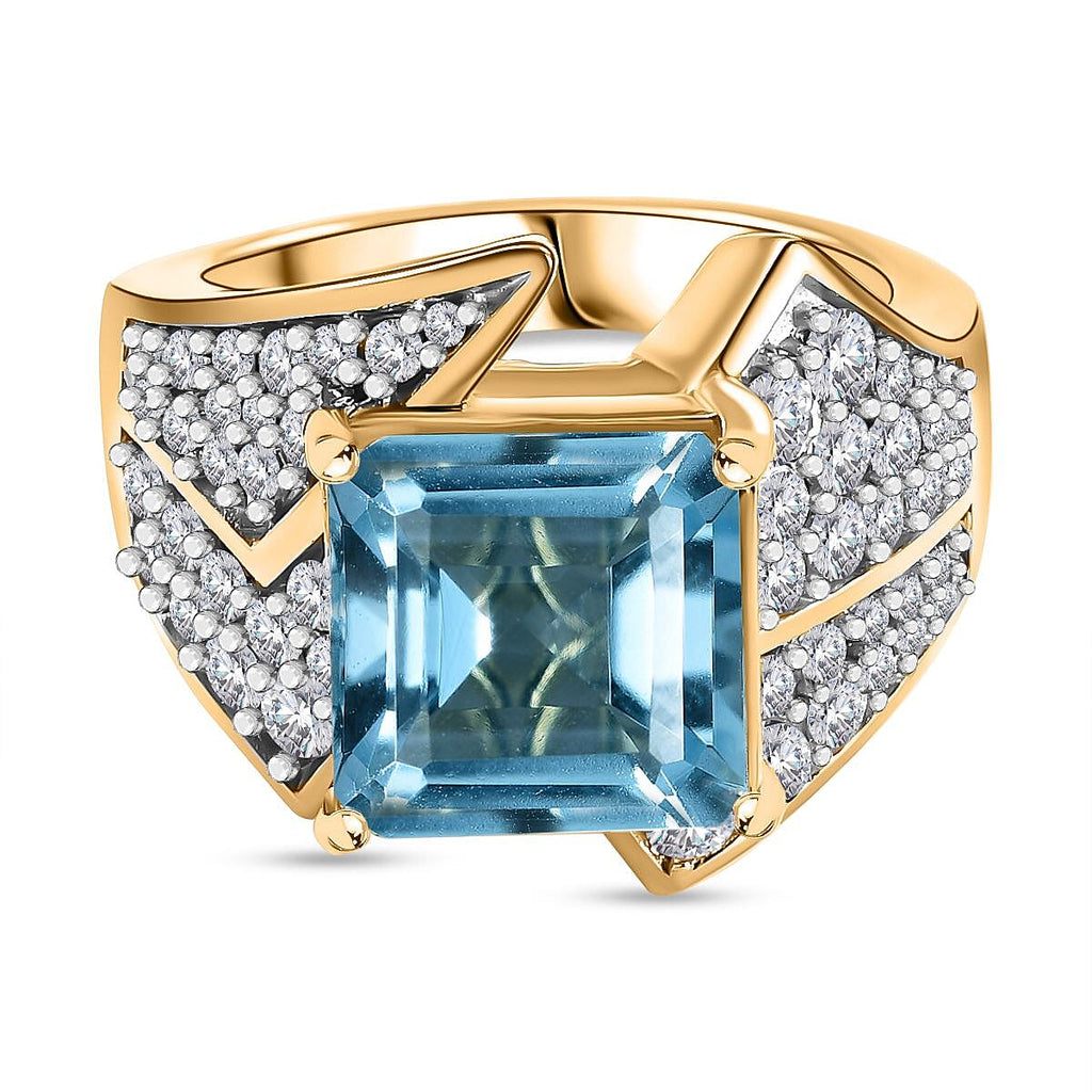 GP Art Deco Collection - Skyblue Topaz, Blue Sapphire & White Zircon Ring in 18K Vermeil Yellow Gold Plated Sterling Silver  6.97 Ct.