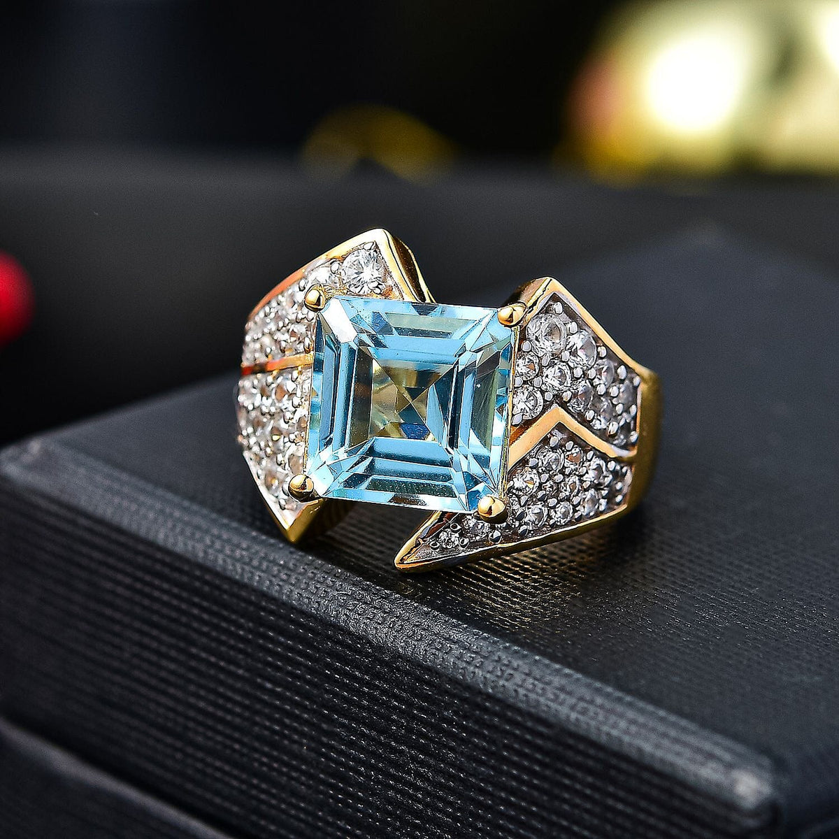 GP Art Deco Collection - Skyblue Topaz, Blue Sapphire and White Zircon Ring in 18K Vermeil Yellow Gold Plated Sterling Silver 6.97 Cts. 7990213 2