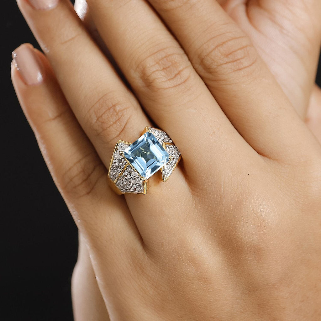 GP Art Deco Collection - Skyblue Topaz, Blue Sapphire & White Zircon Ring in 18K Vermeil Yellow Gold Plated Sterling Silver  6.97 Ct.