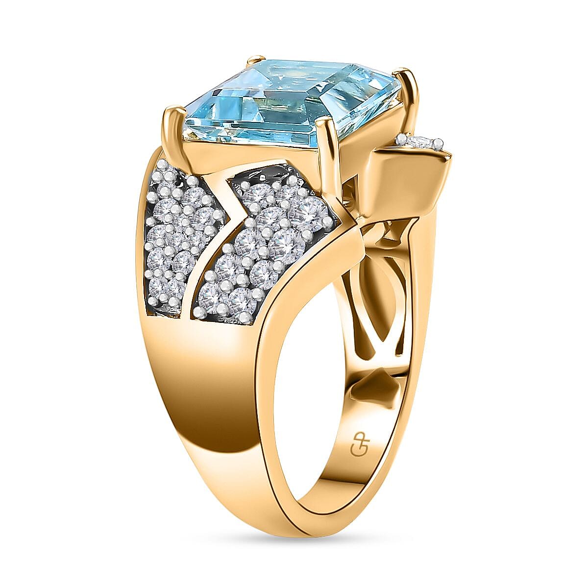 GP Art Deco Collection - Skyblue Topaz, Blue Sapphire and White Zircon Ring in 18K Vermeil Yellow Gold Plated Sterling Silver 6.97 Cts. 7990213 4