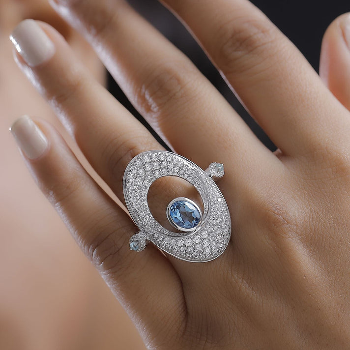 GP Collection - Swiss Blue Topaz, Blue Apatite and White Zircon Ring in Rhodium Overlay Sterling Silver 4.87 Ct. 7971061 2