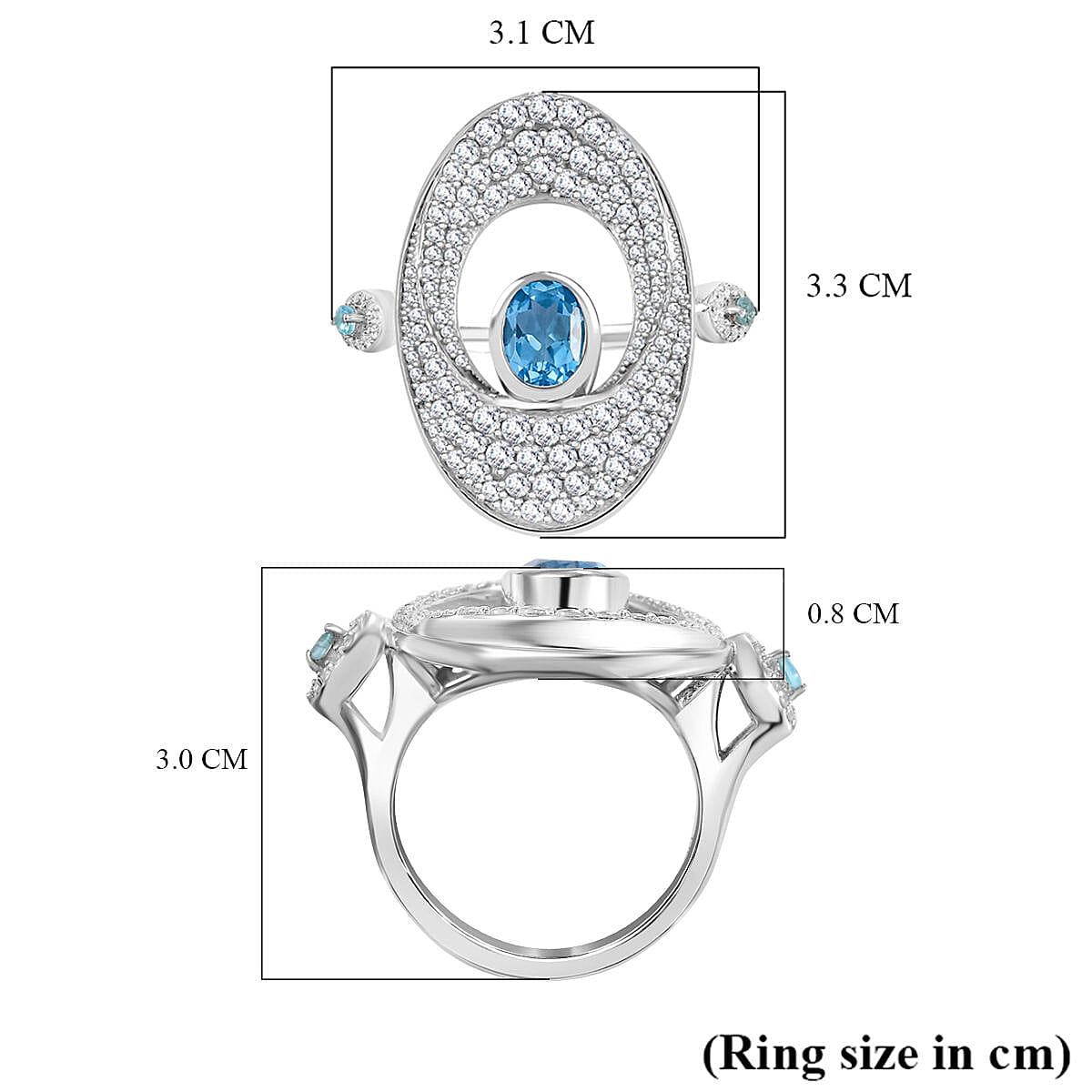 GP Collection - Swiss Blue Topaz, Blue Apatite and White Zircon Ring in Rhodium Overlay Sterling Silver 4.87 Ct. 7971061 9