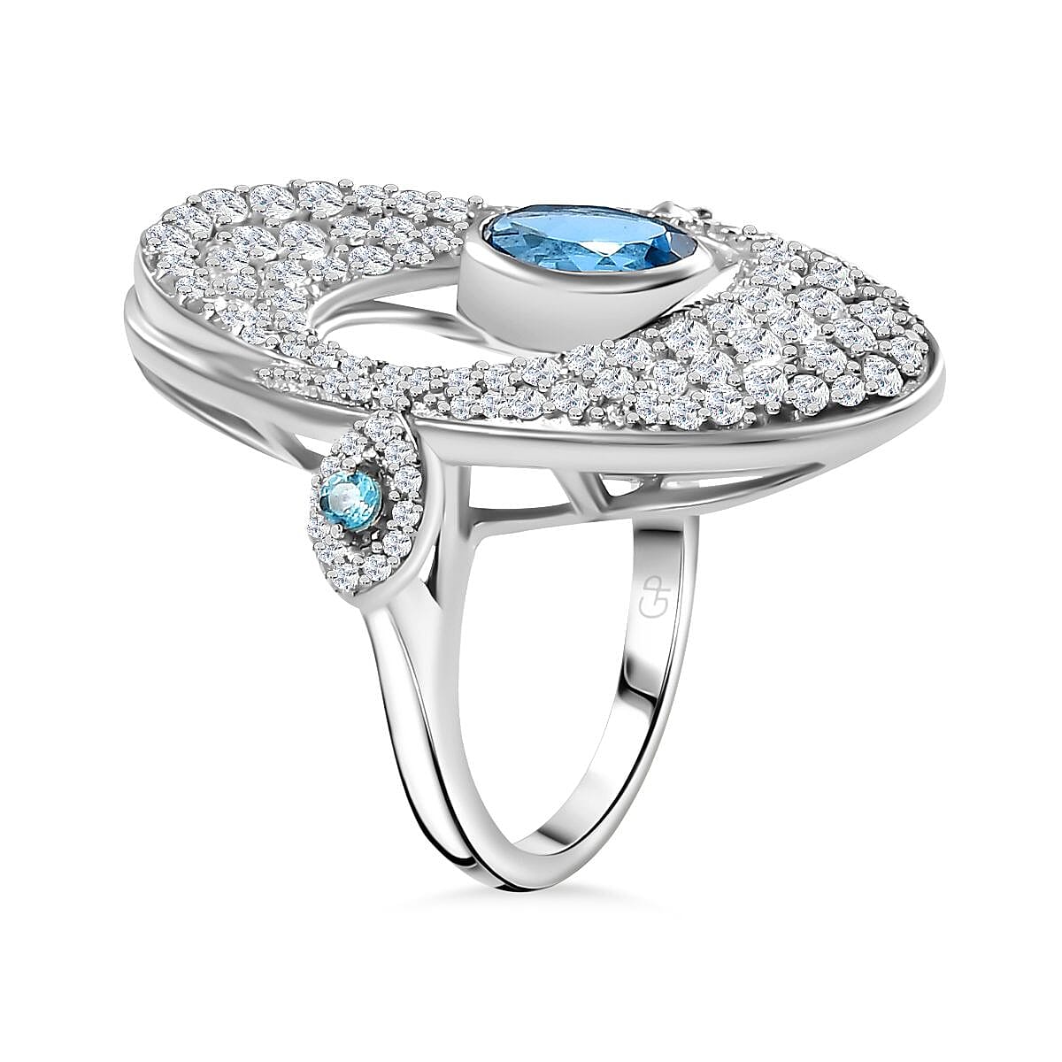 GP Collection - Swiss Blue Topaz, Blue Apatite and White Zircon Ring in Rhodium Overlay Sterling Silver 4.87 Ct. 7971061 6