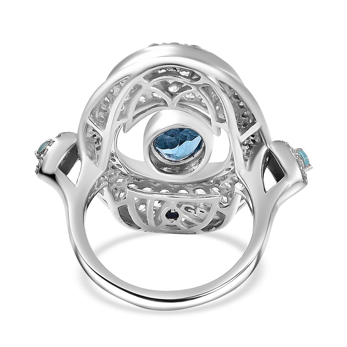 GP Collection - Swiss Blue Topaz, Blue Apatite and White Zircon Ring in Rhodium Overlay Sterling Silver 4.87 Ct. 7971061 8