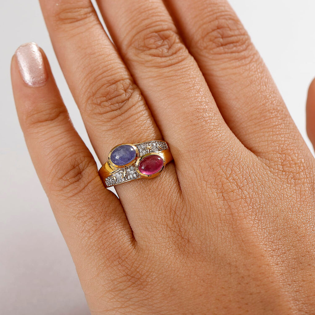 GP Celestial Dream Collection - Tanzanite, Blue Sapphire, African Ruby & White Zircon Ring in 18K Vermeil Yellow Gold Plated Sterling Silver 3.20 Ct.