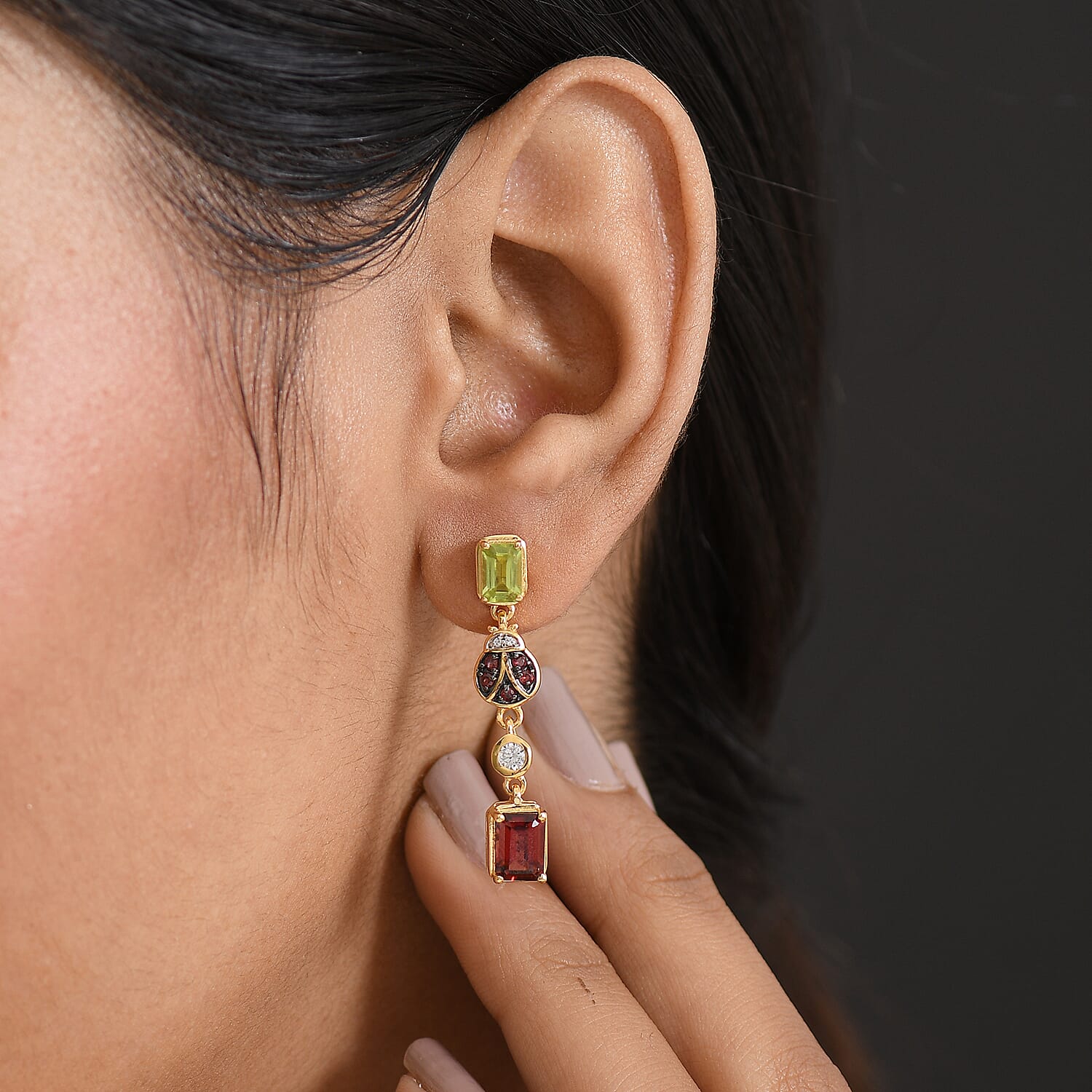 GP Trionfo Collection - Peridot, Red Garnet, Blue Sapphire &amp; White Zircon Dangling Earring with Push Back in 18K Vermeil Yellow Gold Plated Sterling Silver 4.28 Ct. 8295607 4