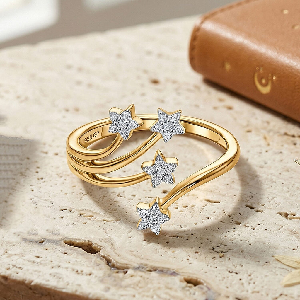 GP - White Diamond & Blue Sapphire Star Ring in 18K Vermeil Yellow Gold Plated Sterling Silver