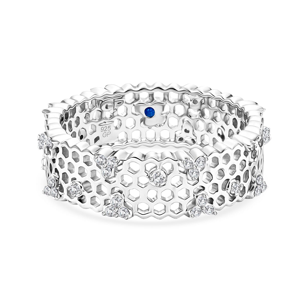 GP - White Diamond &amp; Blue Sapphire Honeycomb Band Ring in Rhodium Overlay Sterling Silver 0.30 Ct. 8551510 0