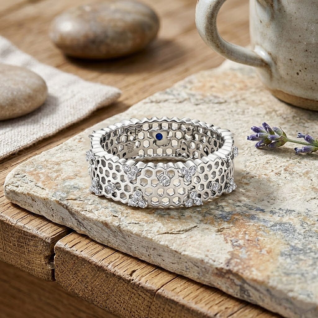 GP - White Diamond &amp; Blue Sapphire Honeycomb Band Ring in Rhodium Overlay Sterling Silver 0.30 Ct. 8551510 2