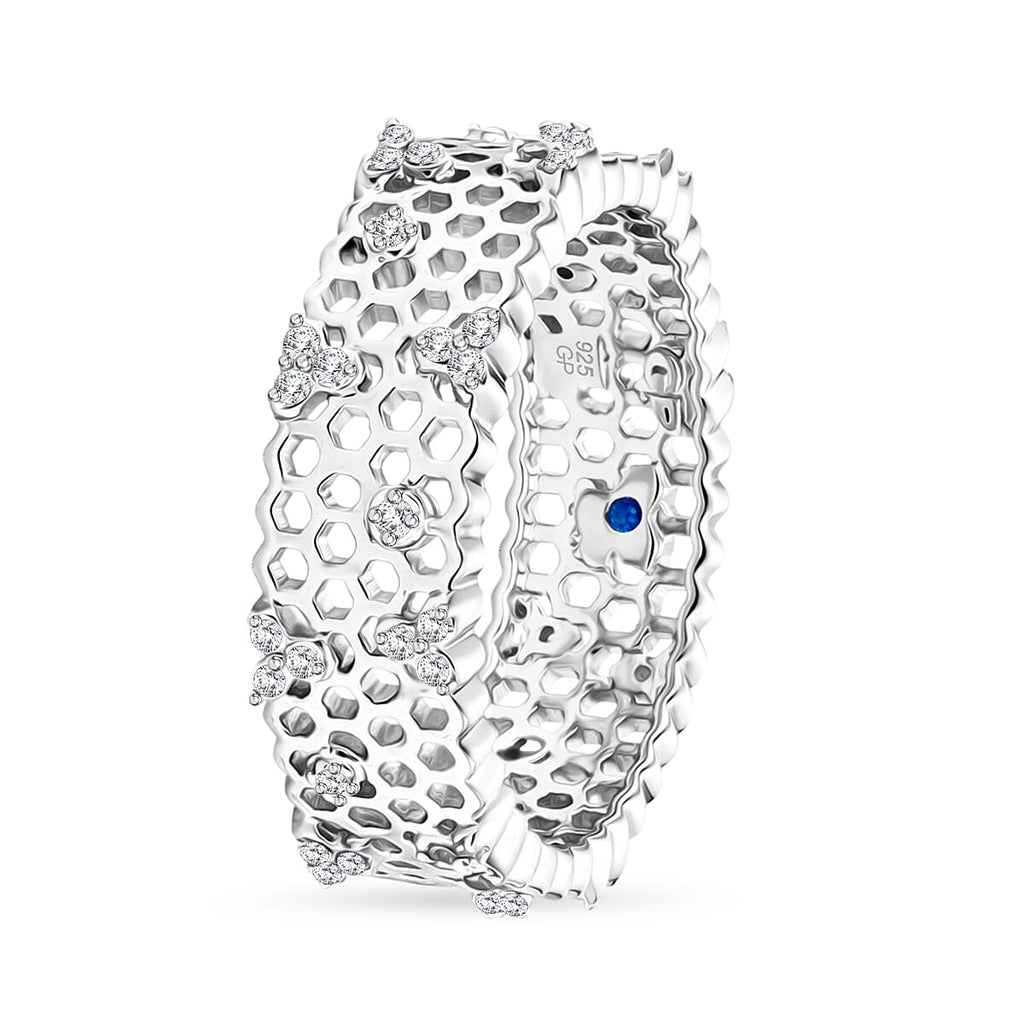 GP - White Diamond & Blue Sapphire Openwork Band Ring in Rhodium Overlay Sterling Silver 0.30 Ct.