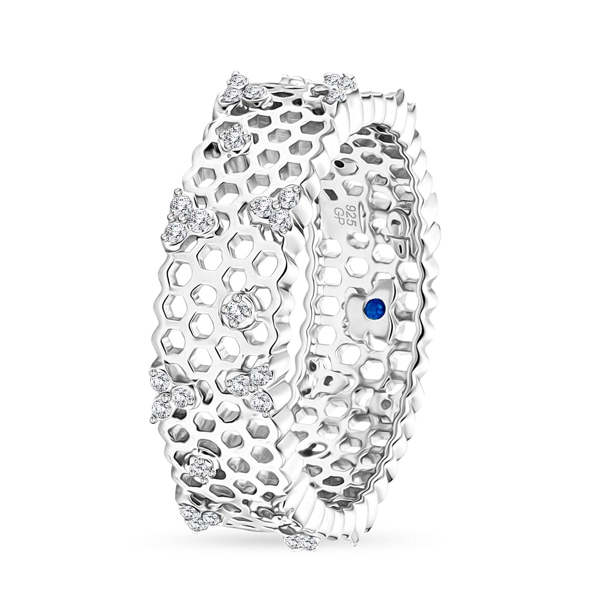 GP - White Diamond &amp; Blue Sapphire Honeycomb Band Ring in Rhodium Overlay Sterling Silver 0.30 Ct. 8551510 3