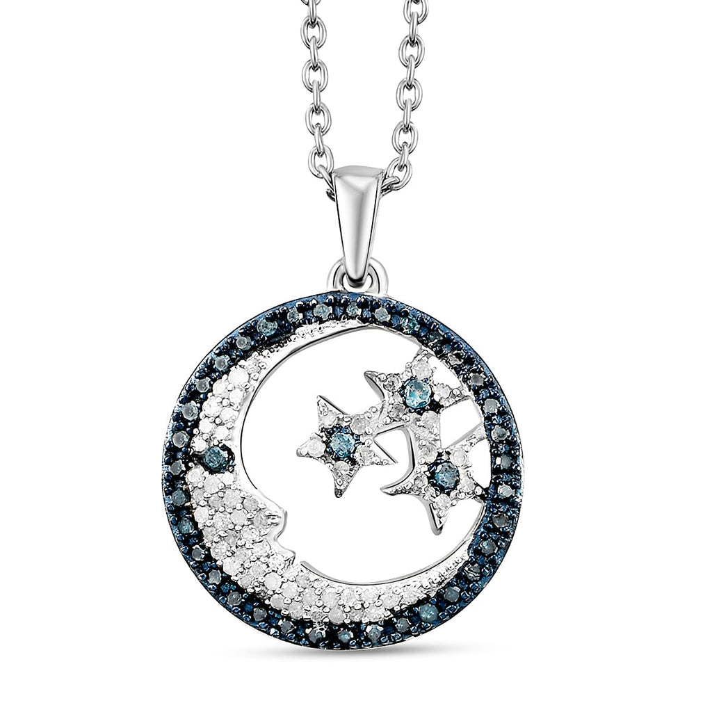 GP - White Diamond, Blue Diamond & Blue Sapphire Star and Moon Pendant with Chain (Size 20) in Platinum Overlay Sterling Silver 0.50 Ct.