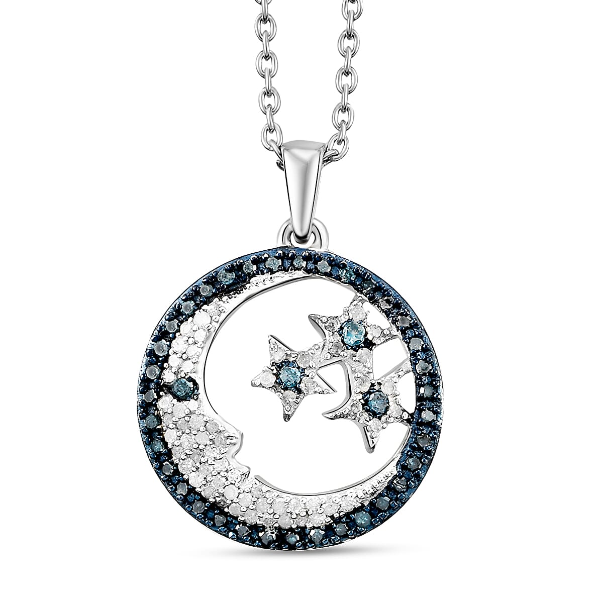 GP - White Diamond, Blue Diamond &amp; Blue Sapphire Star and Moon Pendant with Chain (Size 20) in Platinum Overlay Sterling Silver 0.50 Ct. 3169822 0