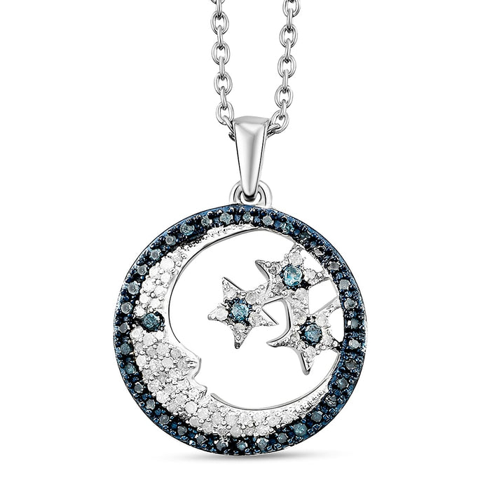 GP - White Diamond, Blue Diamond &amp; Blue Sapphire Star and Moon Pendant with Chain (Size 20) in Platinum Overlay Sterling Silver 0.50 Ct. 3169822 1
