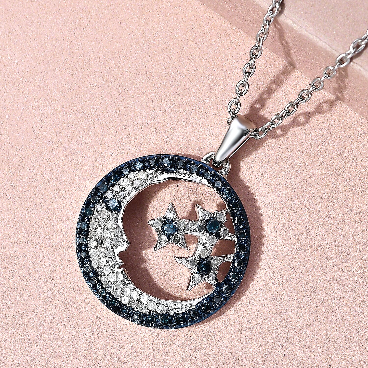 GP - White Diamond, Blue Diamond &amp; Blue Sapphire Star and Moon Pendant with Chain (Size 20) in Platinum Overlay Sterling Silver 0.50 Ct. 3169822 2