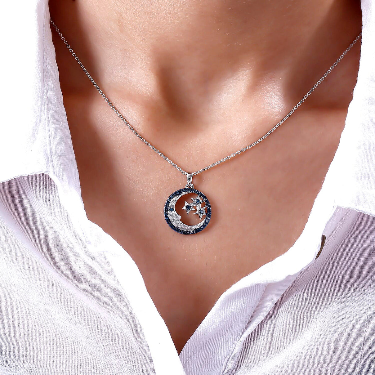 GP - White Diamond, Blue Diamond &amp; Blue Sapphire Star and Moon Pendant with Chain (Size 20) in Platinum Overlay Sterling Silver 0.50 Ct. 3169822 3