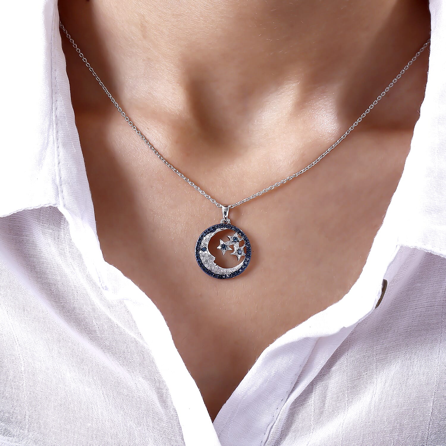 GP - White Diamond, Blue Diamond &amp; Blue Sapphire Star and Moon Pendant with Chain (Size 20) in Platinum Overlay Sterling Silver 0.50 Ct. 3169822 3