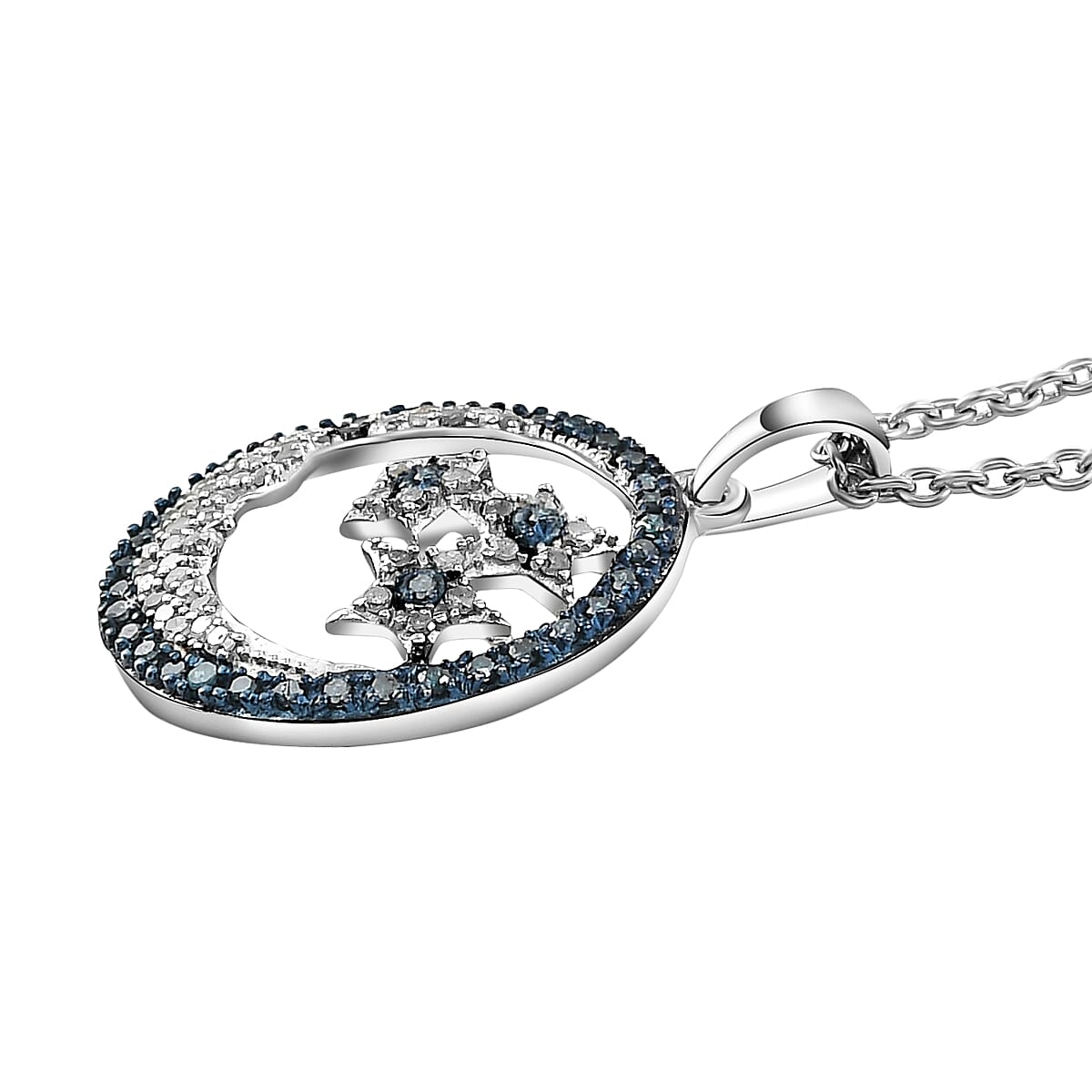 GP - White Diamond, Blue Diamond &amp; Blue Sapphire Star and Moon Pendant with Chain (Size 20) in Platinum Overlay Sterling Silver 0.50 Ct. 3169822 4