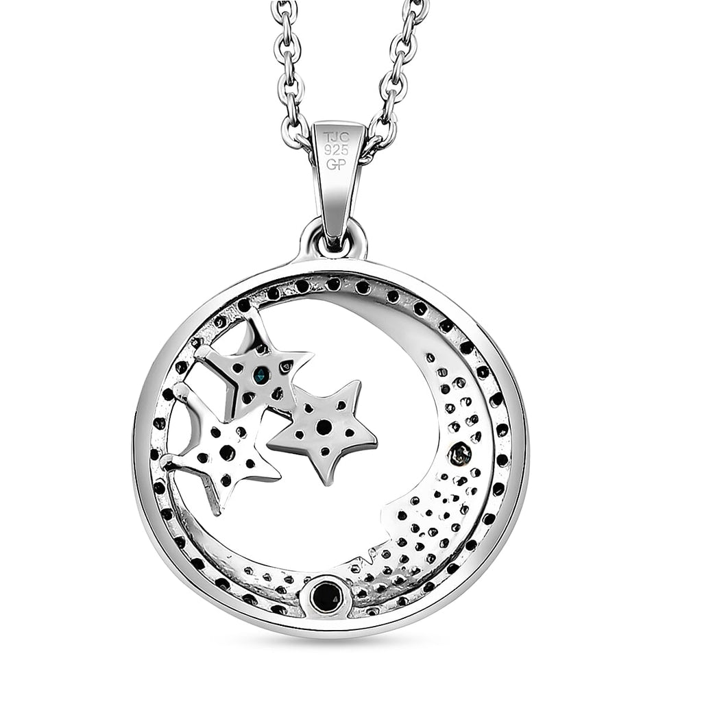 GP - White Diamond, Blue Diamond & Blue Sapphire Star and Moon Pendant with Chain (Size 20) in Platinum Overlay Sterling Silver 0.50 Ct.
