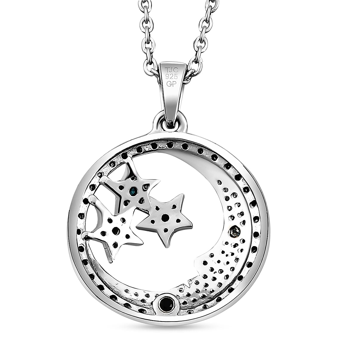 GP - White Diamond, Blue Diamond &amp; Blue Sapphire Star and Moon Pendant with Chain (Size 20) in Platinum Overlay Sterling Silver 0.50 Ct. 3169822 5