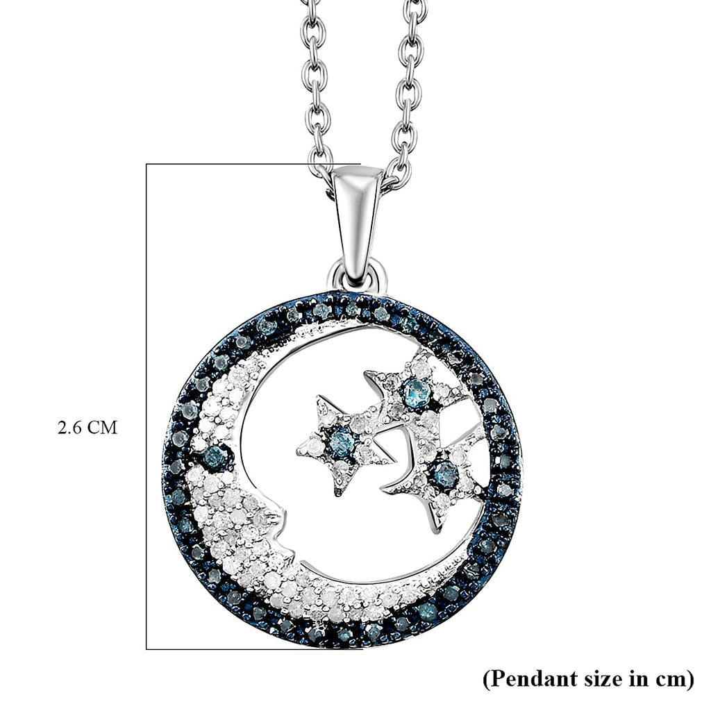 GP - White Diamond, Blue Diamond & Blue Sapphire Star and Moon Pendant with Chain (Size 20) in Platinum Overlay Sterling Silver 0.50 Ct.