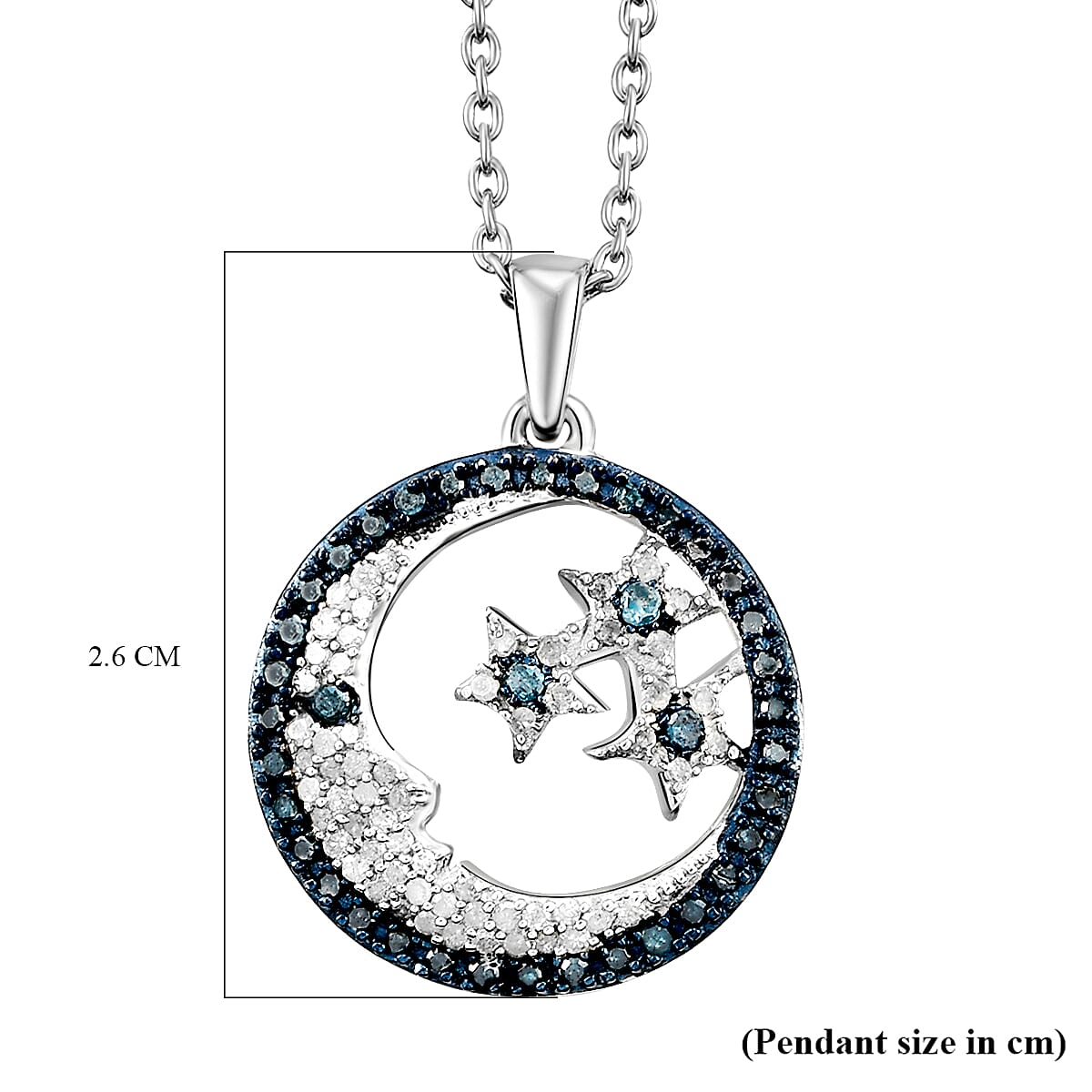 GP - White Diamond, Blue Diamond &amp; Blue Sapphire Star and Moon Pendant with Chain (Size 20) in Platinum Overlay Sterling Silver 0.50 Ct. 3169822 7
