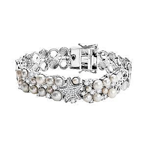 Sealife Collection - White Pearl, Blue Sapphire &amp; White Zircon Cluster Bracelet (Size 7.5) in Rhodium Overlay Sterling Silver 19.30 Ct, Silver Wt. 27.60 Gms. 8211978 1