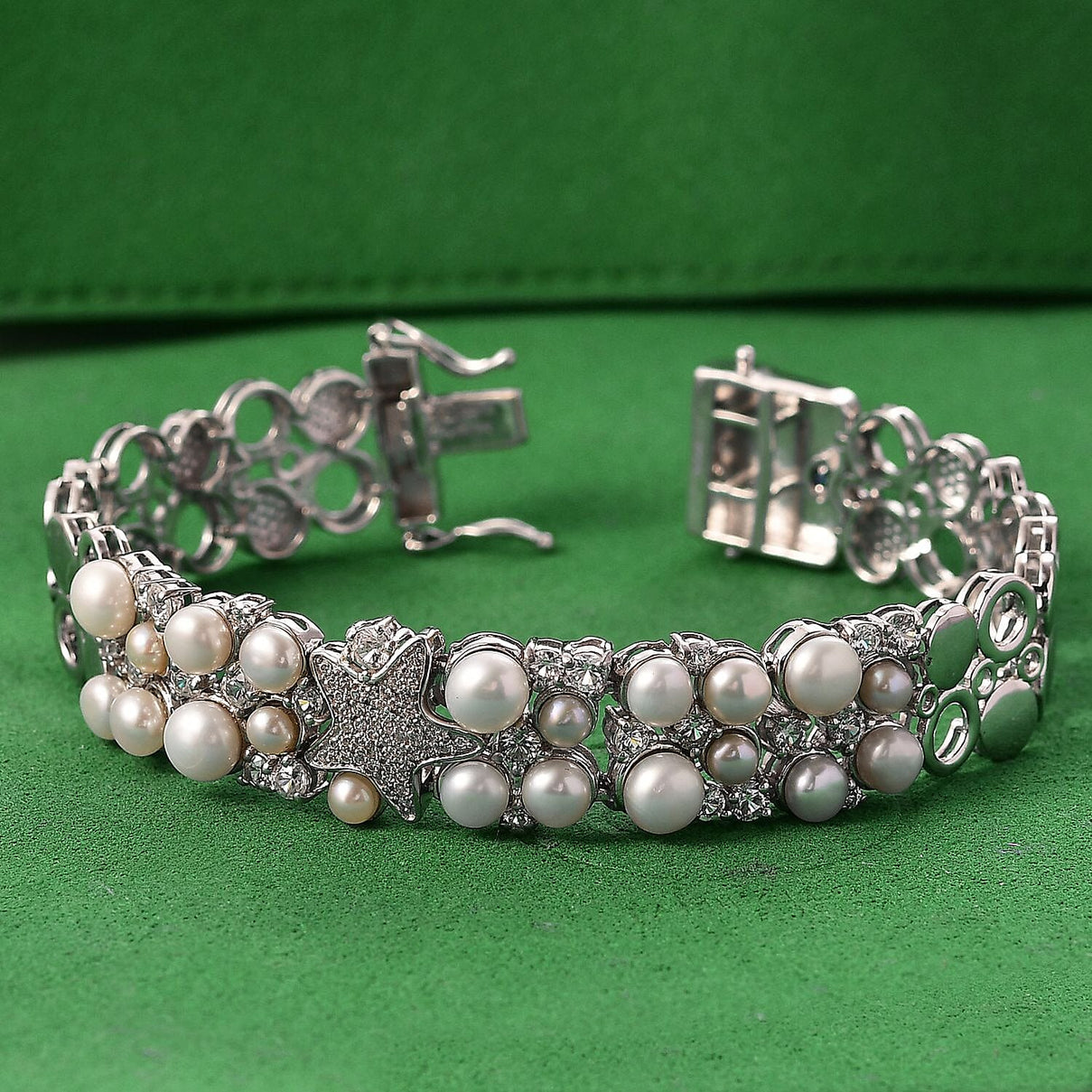 Sealife Collection - White Pearl, Blue Sapphire &amp; White Zircon Cluster Bracelet (Size 7.5) in Rhodium Overlay Sterling Silver 19.30 Ct, Silver Wt. 27.60 Gms. 8211978 2