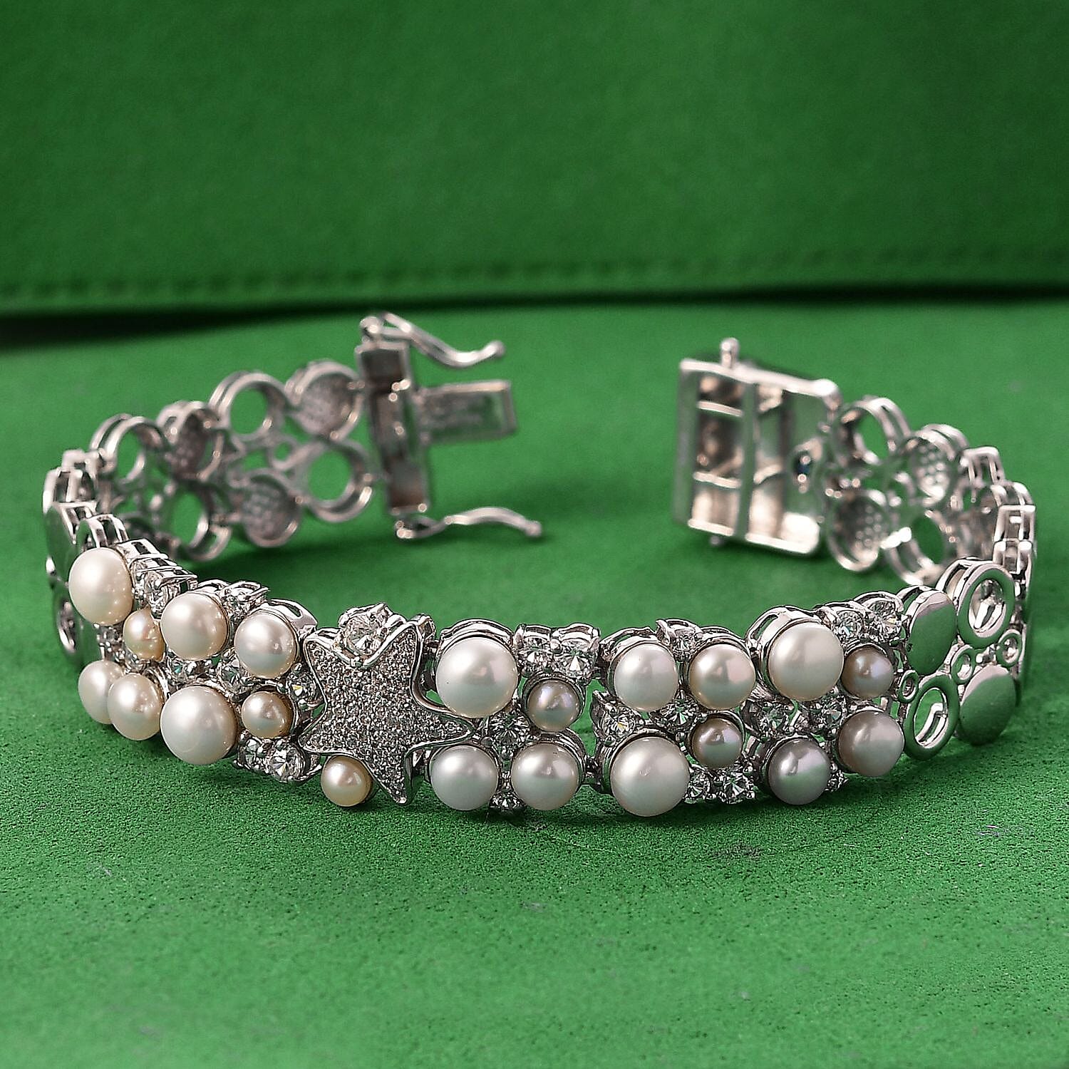 Sealife Collection - White Pearl, Blue Sapphire &amp; White Zircon Cluster Bracelet (Size 7.5) in Rhodium Overlay Sterling Silver 19.30 Ct, Silver Wt. 27.60 Gms. 8211978 2