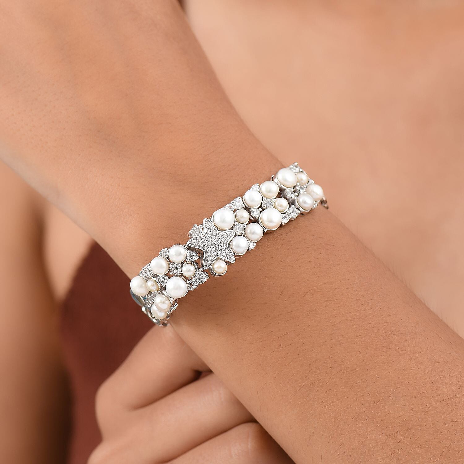 Sealife Collection - White Pearl, Blue Sapphire &amp; White Zircon Cluster Bracelet (Size 7.5) in Rhodium Overlay Sterling Silver 19.30 Ct, Silver Wt. 27.60 Gms. 8211978 3