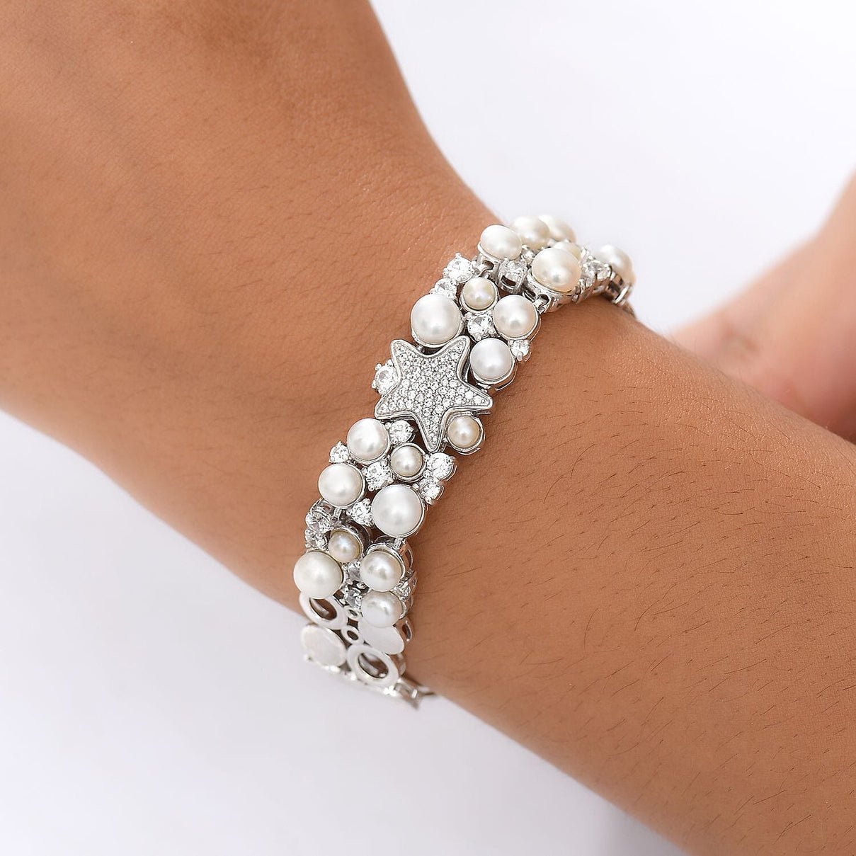 Sealife Collection - White Pearl, Blue Sapphire &amp; White Zircon Cluster Bracelet (Size 7.5) in Rhodium Overlay Sterling Silver 19.30 Ct, Silver Wt. 27.60 Gms. 8211978 4