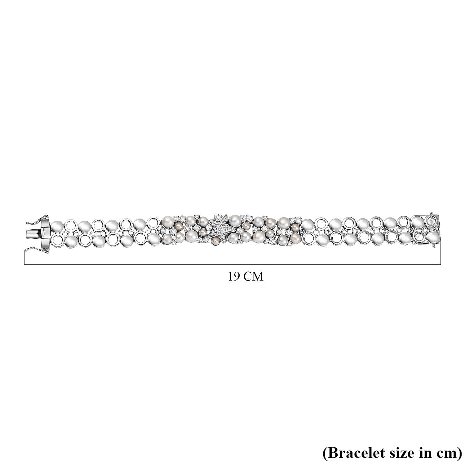 Sealife Collection - White Pearl, Blue Sapphire &amp; White Zircon Cluster Bracelet (Size 7.5) in Rhodium Overlay Sterling Silver 19.30 Ct, Silver Wt. 27.60 Gms. 8211978 6