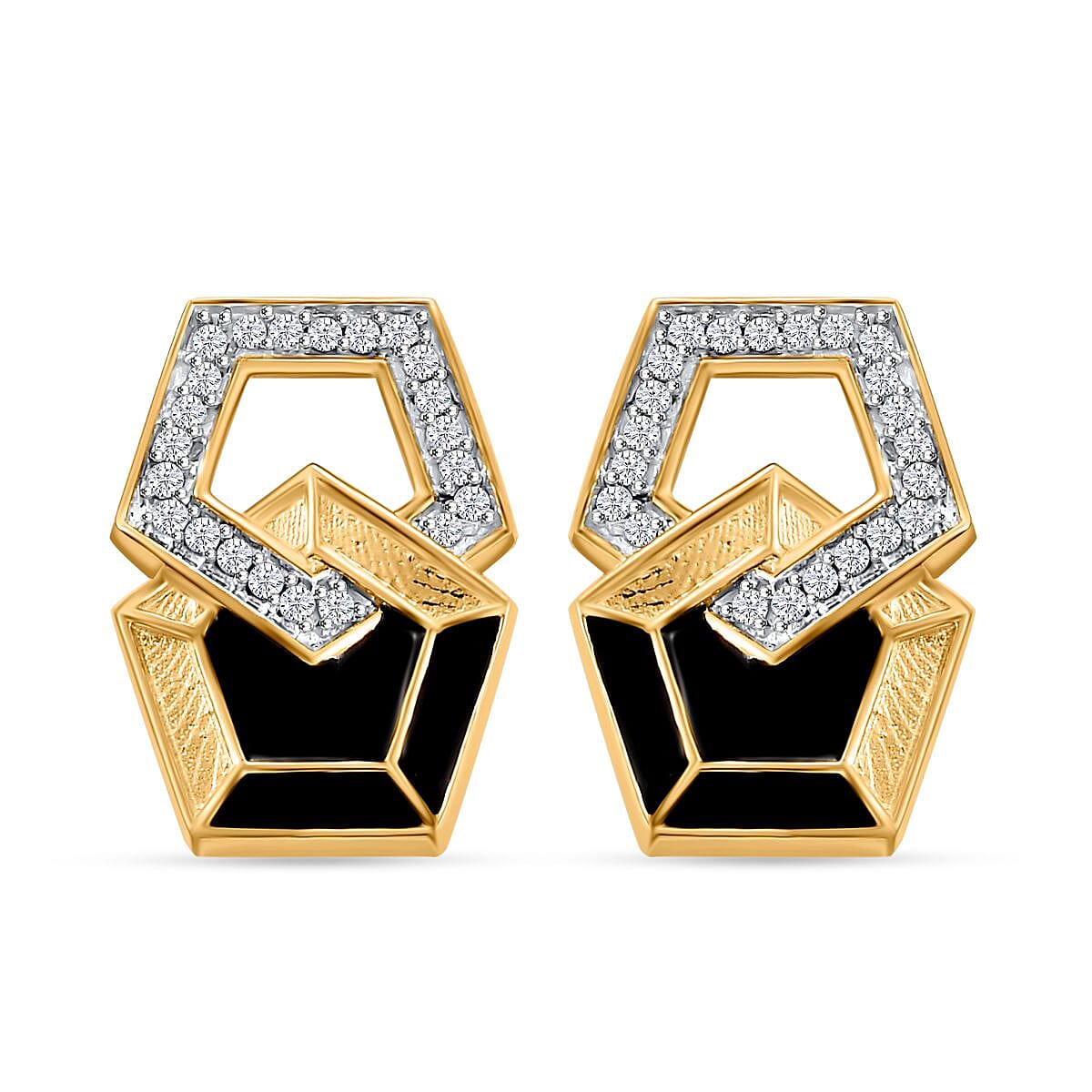 GP Art Deco Collection - White Zircon &amp; Blue Sapphire Interlocking Pentagon Earring with Push Back in 18K Vermeil Yellow Gold Plated Sterling Silver 7986795 0