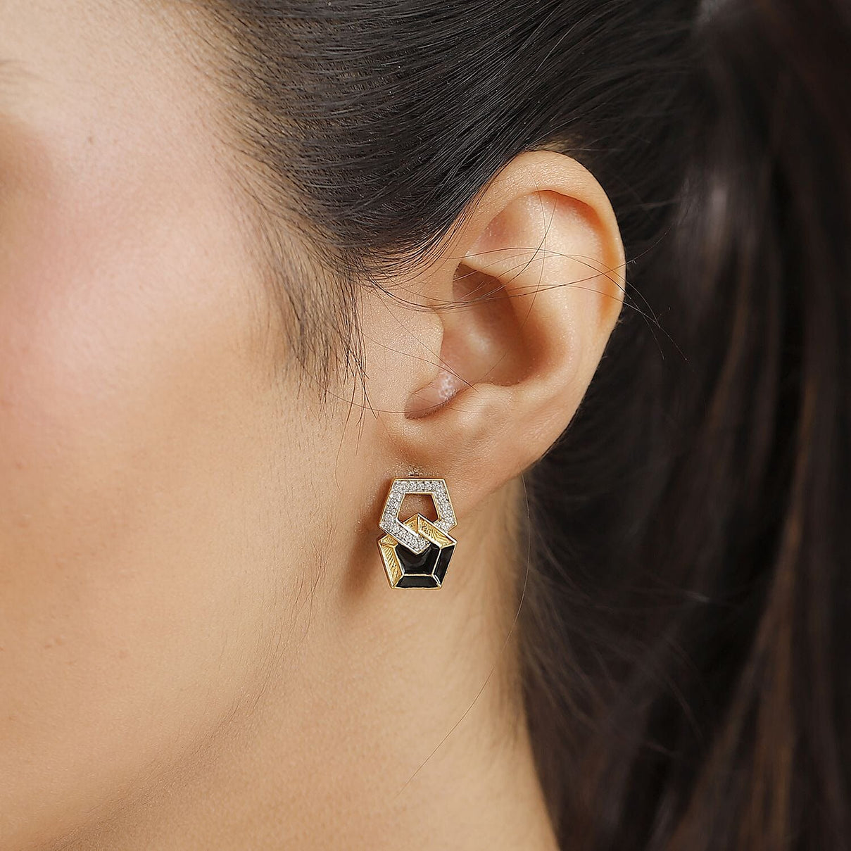GP Art Deco Collection - White Zircon &amp; Blue Sapphire Interlocking Pentagon Earring with Push Back in 18K Vermeil Yellow Gold Plated Sterling Silver 7986795 3