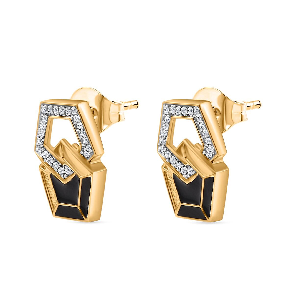 GP Art Deco Collection - White Zircon &amp; Blue Sapphire Interlocking Pentagon Earring with Push Back in 18K Vermeil Yellow Gold Plated Sterling Silver 7986795 4