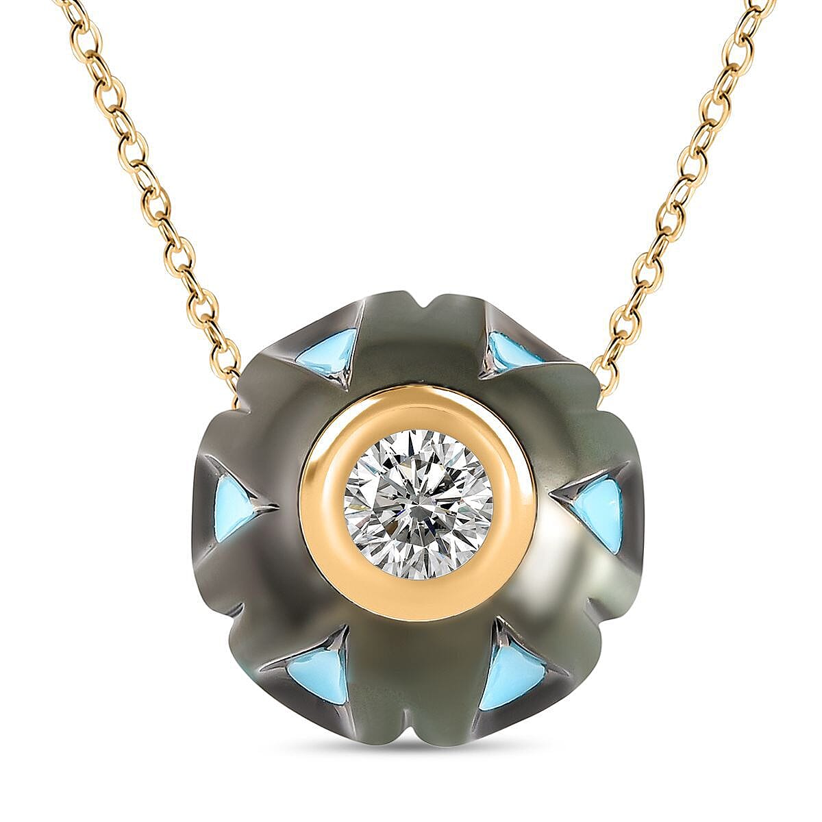 GALATEA - The Symbol of Love - 9K Yellow Gold Premium Tahitian Pearl with American RC Turquoise and Moissanite Pendant with Chain 5.42 Ct