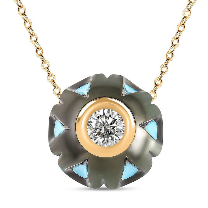 GALATEA - The Symbol of Love - 9K Yellow Gold Premium Tahitian Pearl with American RC Turquoise and Moissanite Pendant with Chain 5.42 Ct 3861801 1