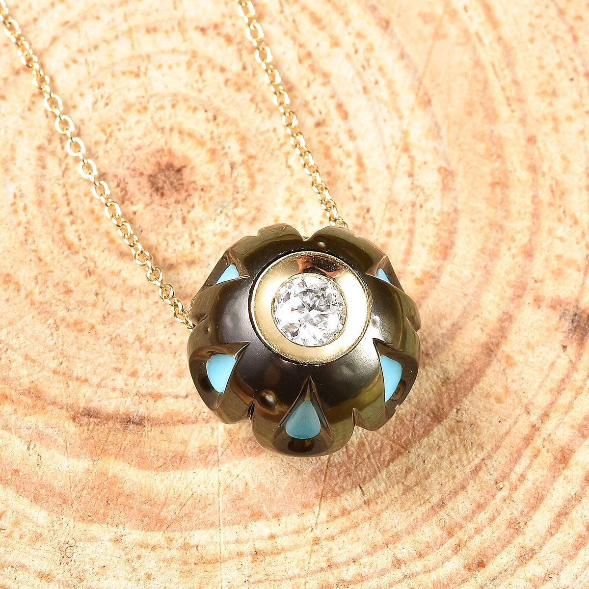 GALATEA - The Symbol of Love - 9K Yellow Gold Premium Tahitian Pearl with American RC Turquoise and Moissanite Pendant with Chain 5.42 Ct V32524733 3