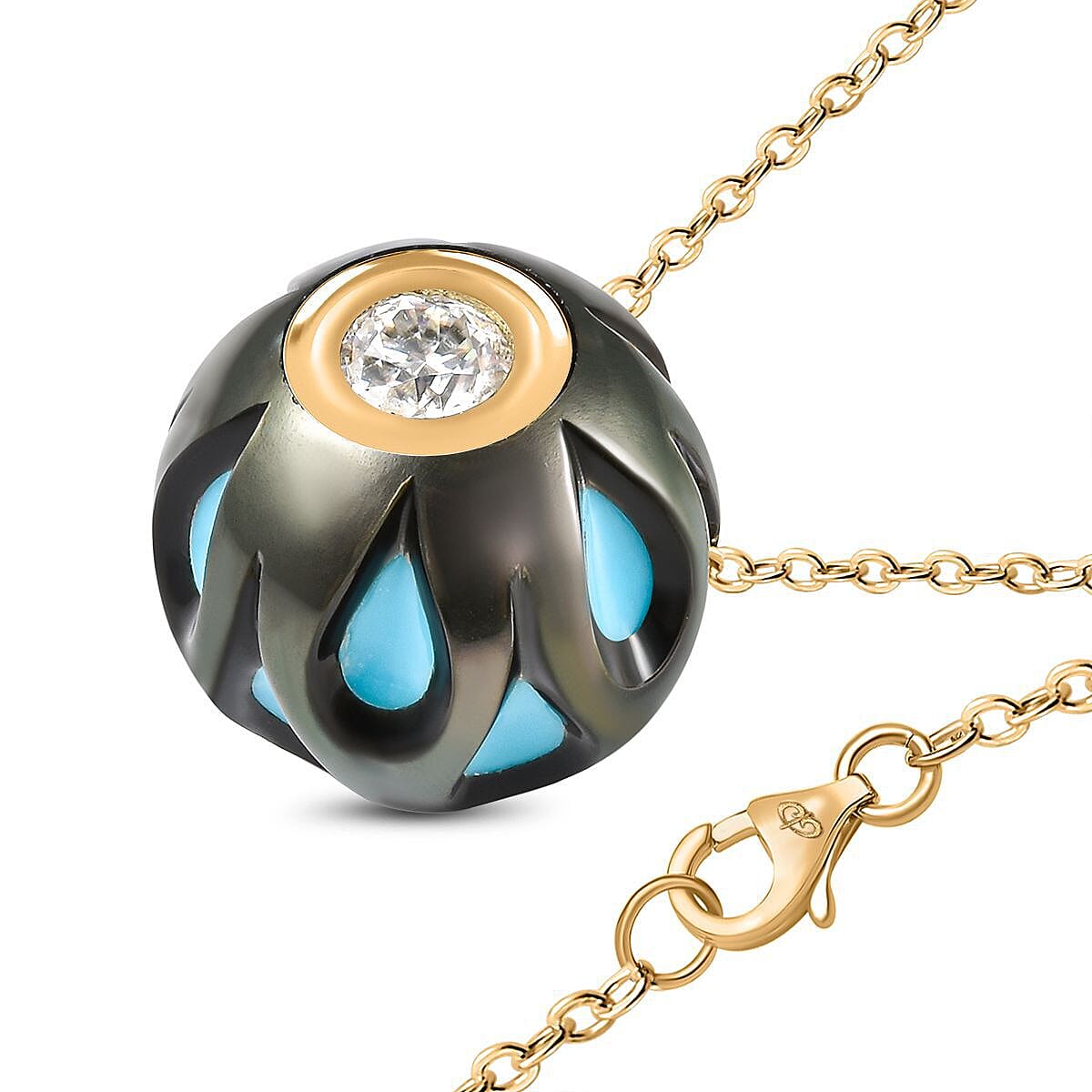GALATEA - The Symbol of Love - 9K Yellow Gold Premium Tahitian Pearl with American RC Turquoise and Moissanite Pendant with Chain 5.42 Ct V32524733 4