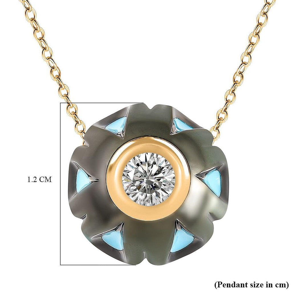 GALATEA - The Symbol of Love - 9K Yellow Gold Premium Tahitian Pearl with American RC Turquoise and Moissanite Pendant with Chain 5.42 Ct