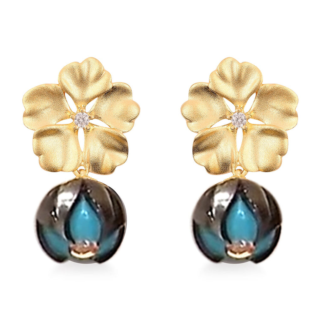 GALATEA - The Symbol of Love - Premium Tahitian Pearl and Natural Zircon Floral Earrings in Yellow Gold Plated Sterling Silver