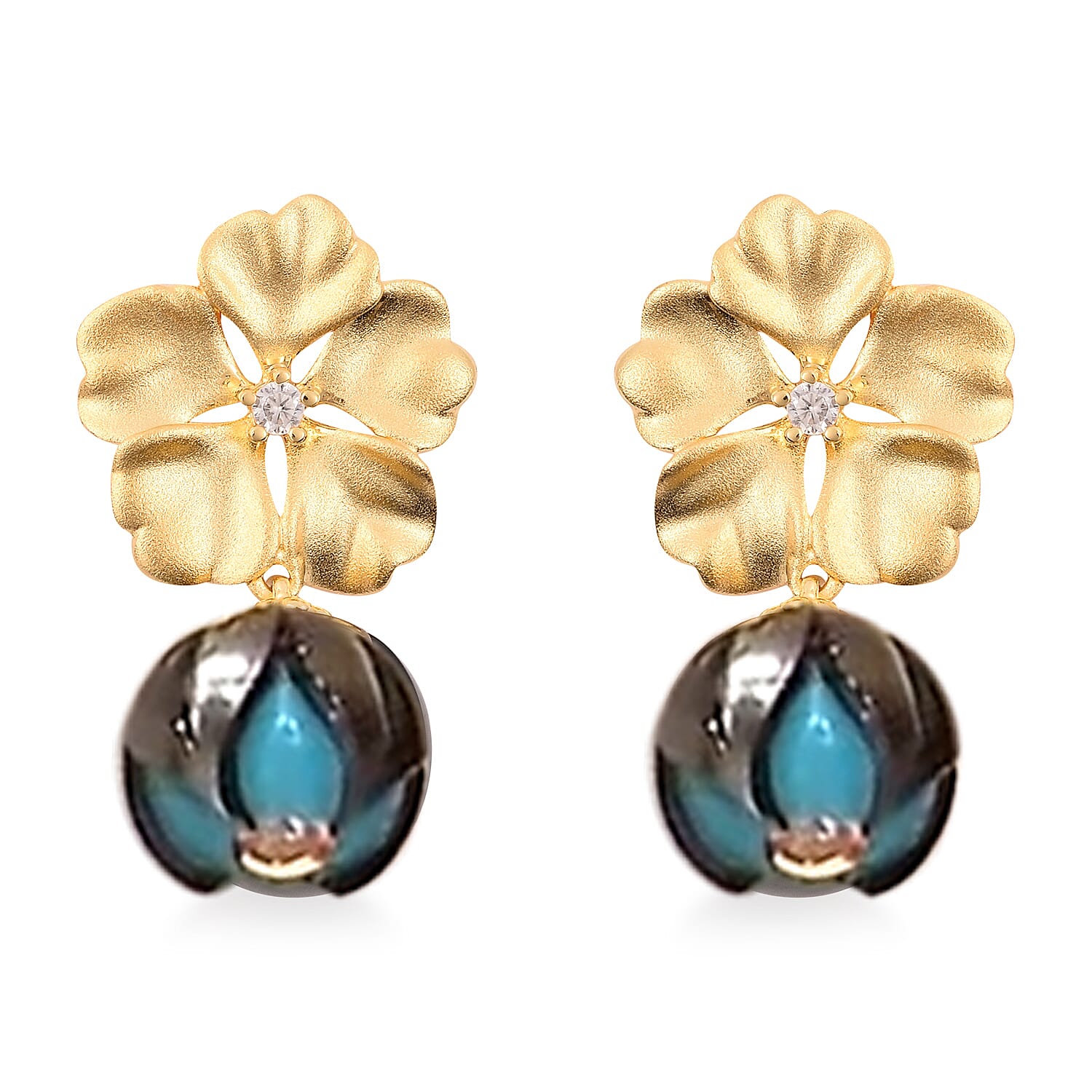 GALATEA - The Symbol of Love - Premium Tahitian Pearl and Natural Zircon Floral Earrings in Yellow Gold Plated Sterling Silver