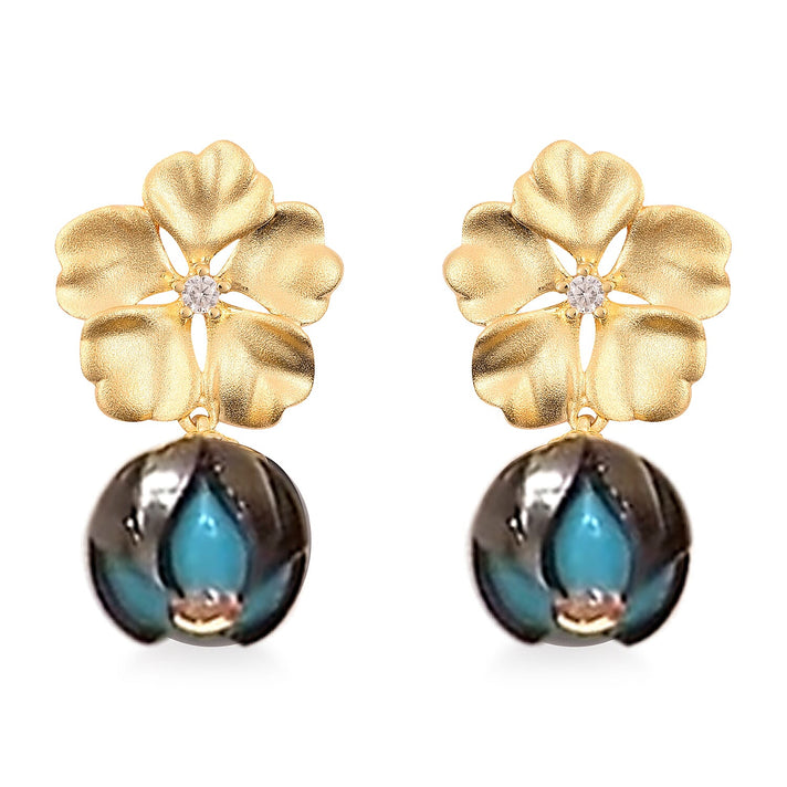 Galatea Pearl Collection - Tahitian Pearl Floral Earrings with Natural Cambodian Zircon in Yellow Gold Plated Sterling Silver 3728164 1