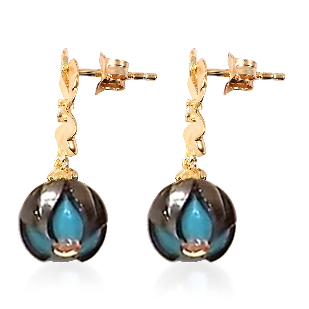 GALATEA - The Symbol of Love - Premium Tahitian Pearl and Natural Zircon Floral Earrings in Yellow Gold Plated Sterling Silver